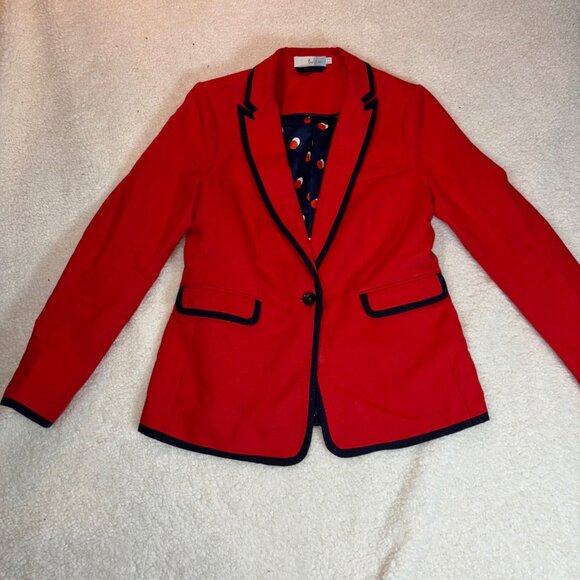 Boden Womens Red Blazer Jacket With Navy Trim Single Button Size 8R - Picture 2 of 16